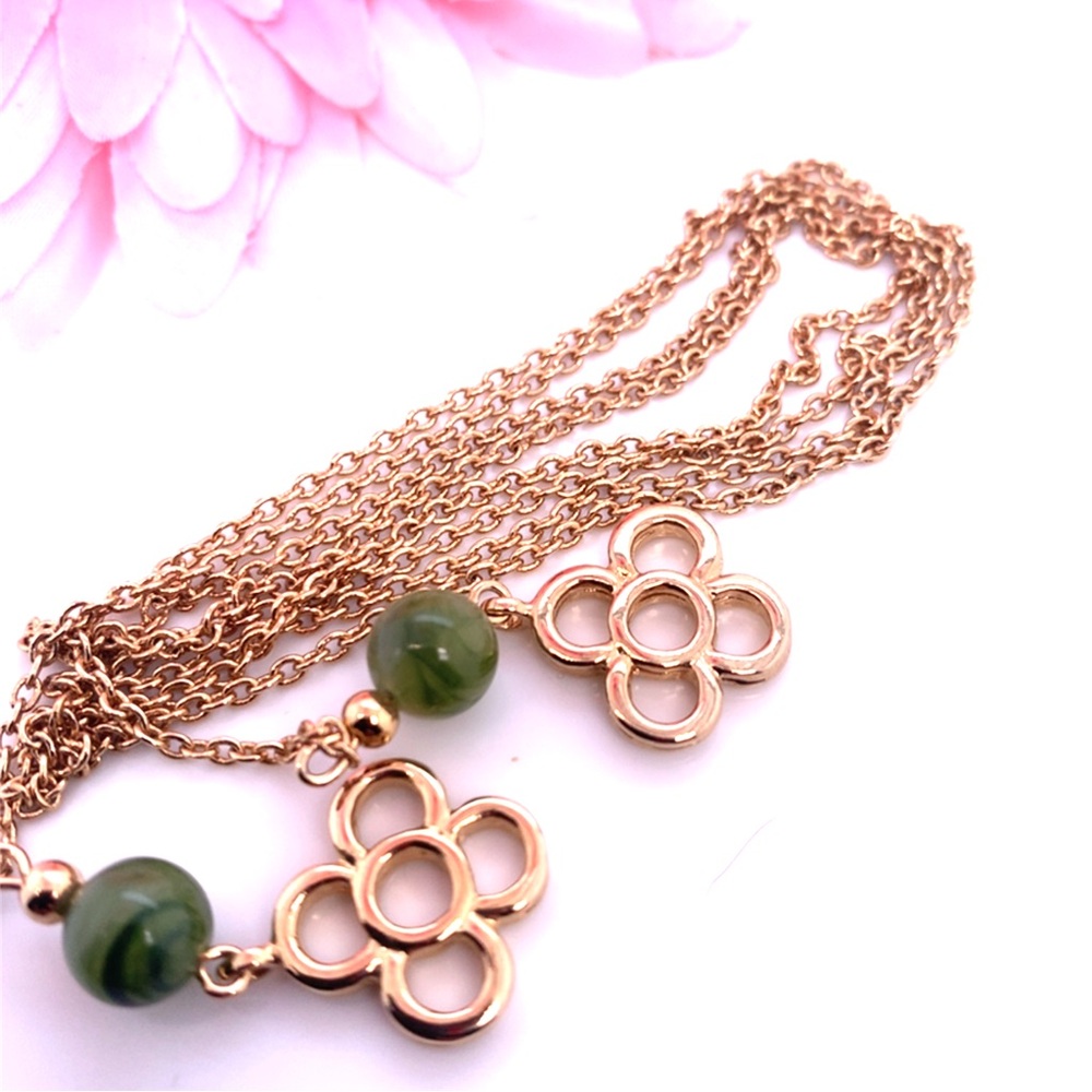 Gold and Green Floral Lariat Necklace 33”
